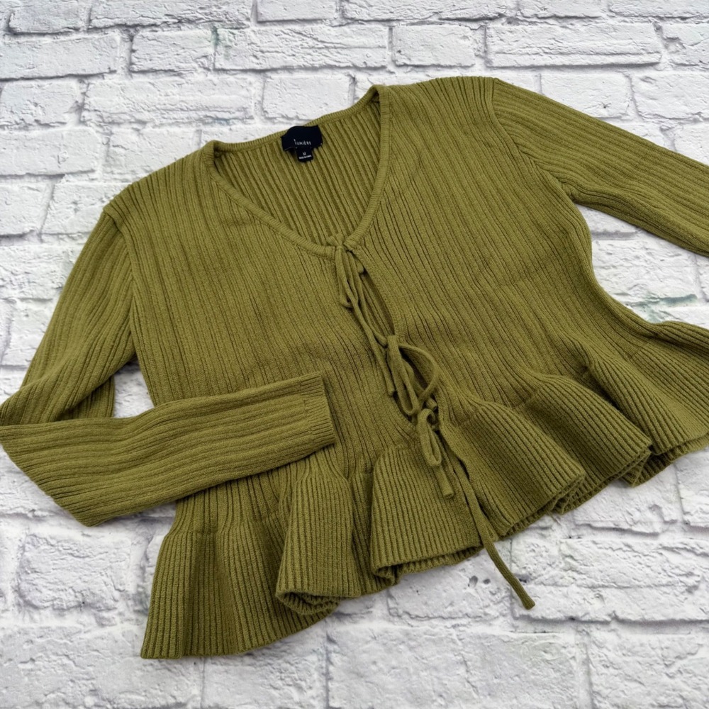 Lumiere Women Olive Green Ribbed Peplum Tie Front Long Sleeve Sweater Medium